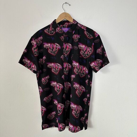 Retro Rifle Men’s Black Pink Neon Slow N Steady Sloth Button Down Shortsleeve Sh - Picture 2 of 10